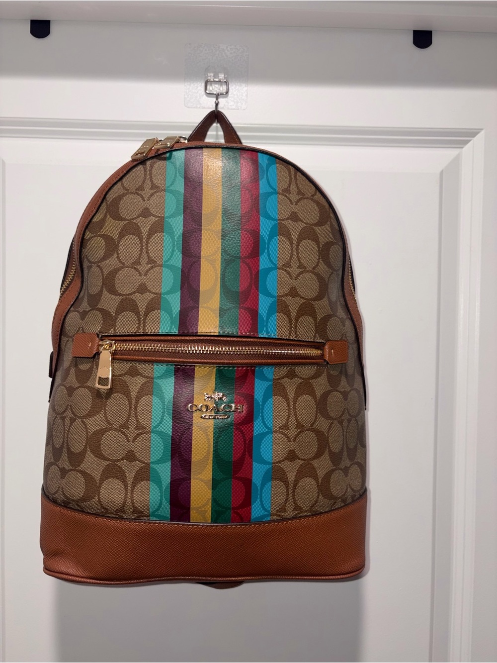Coach Brown Signature Canvas Backpack with Multicolor Center Stripes